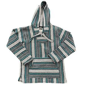 Vintage Hang Ten Baja Hoodie Drug Rug Mexican Pancho Large blue Gray textured